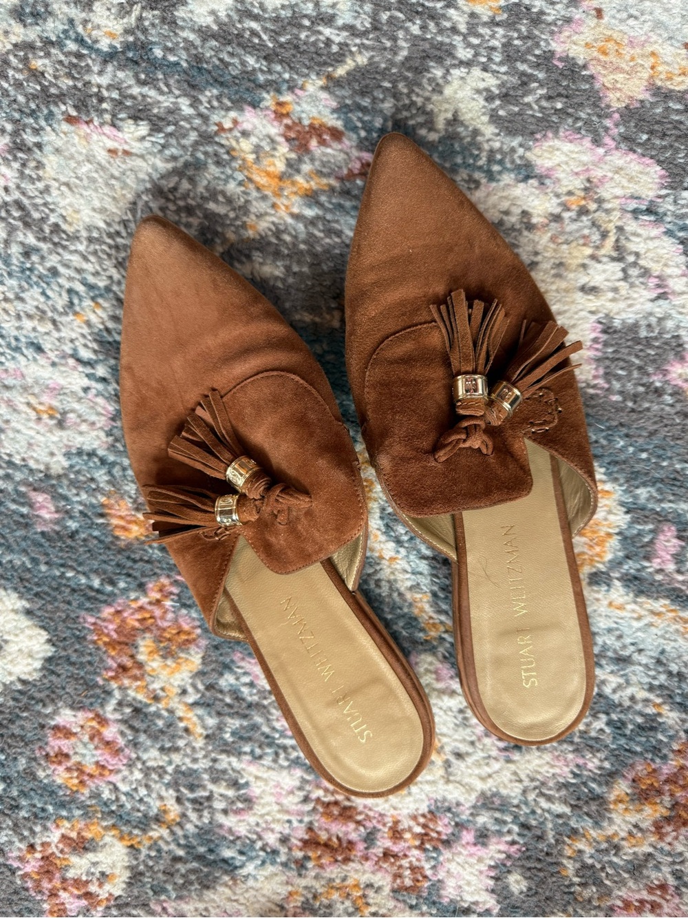 Stuart Weitzman Chestnut Suede Pointed-Toe Tassel Mules